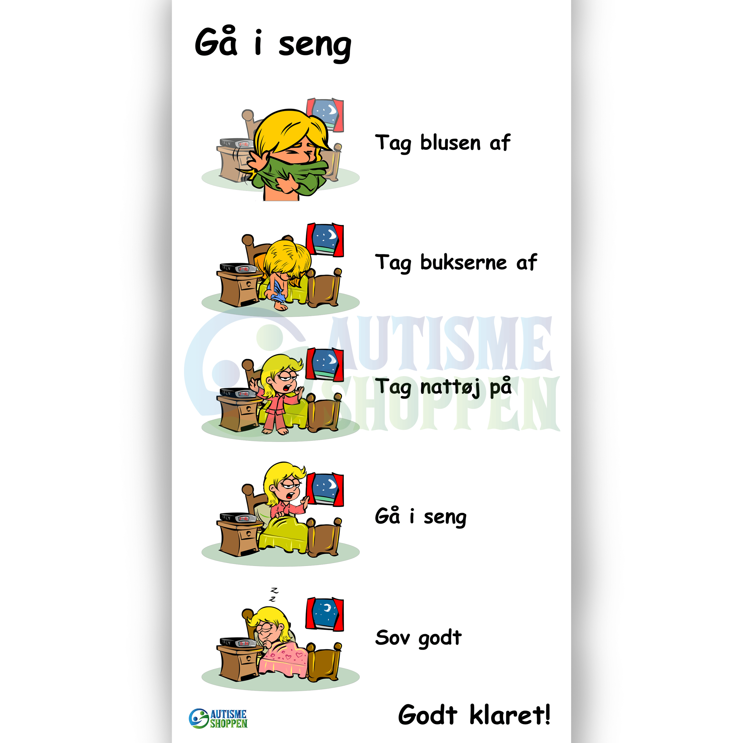 Træningspiktogrammer for autister, Gå i seng, pige Træningspiktogrammer for autister, Gå i seng, pige