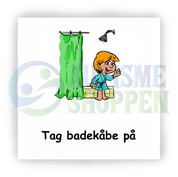 Daily routine pictogram for autistic people: put on bathrobe, boy