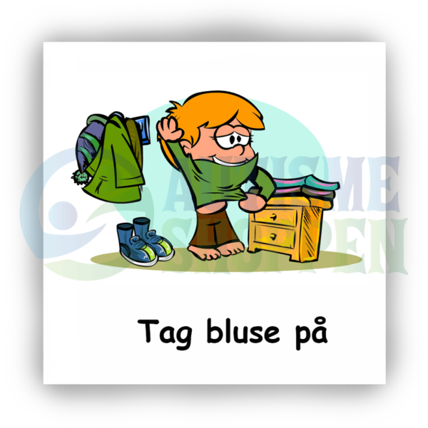 Daily routine pictogram for autistic people: put on shirt, boy