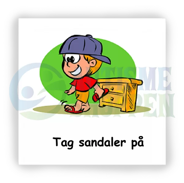 Piktogram med daglige rutiner til autister: tag sandaler på, dreng