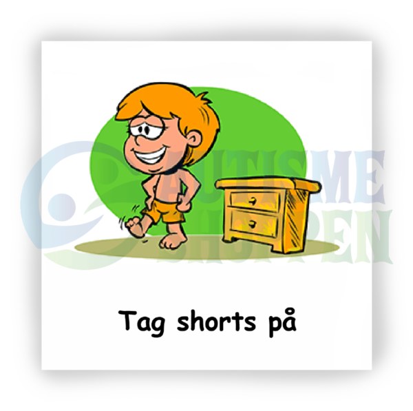 Piktogram med daglige rutiner til autister: tag shorts på, dreng