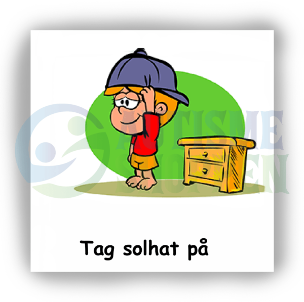 Daily routine pictogram for autistic people: put on sun hat, boy