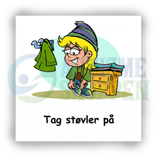 Piktogram med daglige rutiner til autister: Tag støvler på, pige