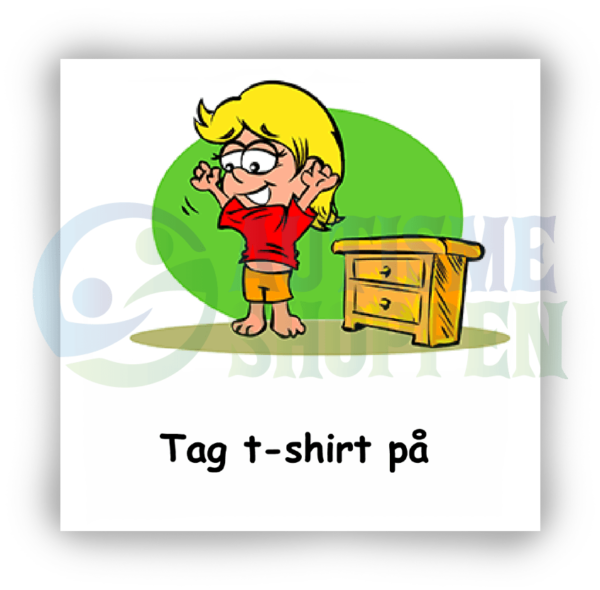 Daglig rutin piktogram för autistiska personer: Sätt på en t-shirt, flicka